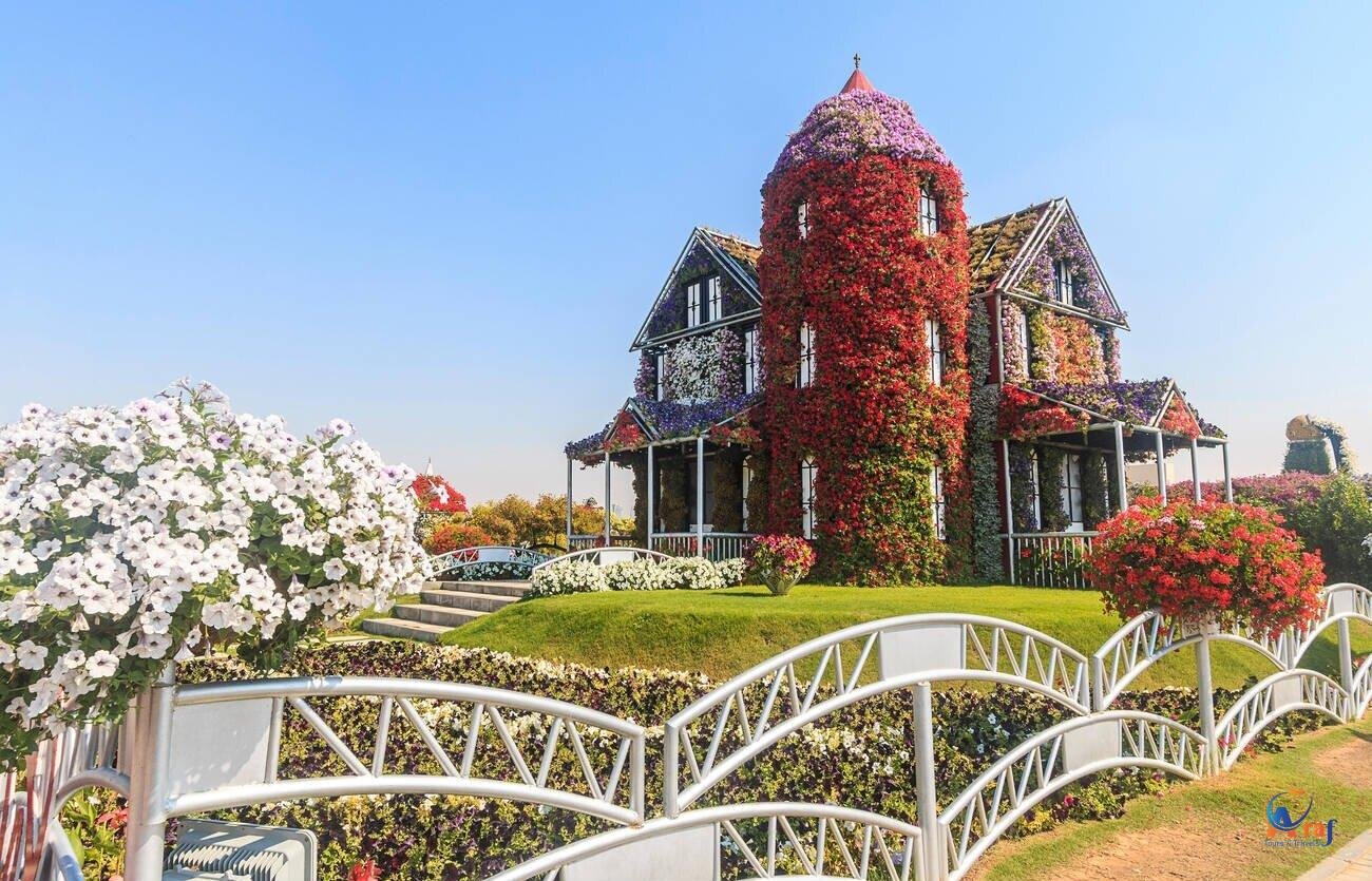 Dubai-House covered in flowers at Dubai's Miracle Garden, largest natural flower garden in the world