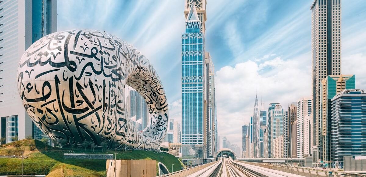 Dubai-Metro Railway Among Among Glass Skyscrapers