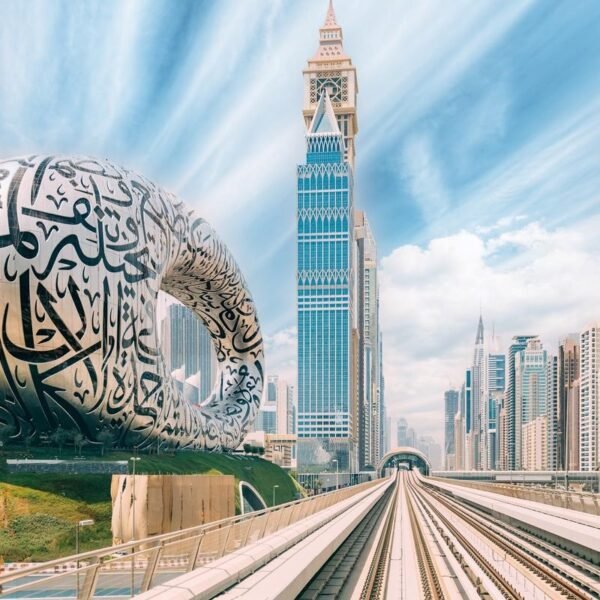 Dubai-Metro Railway Among Among Glass Skyscrapers