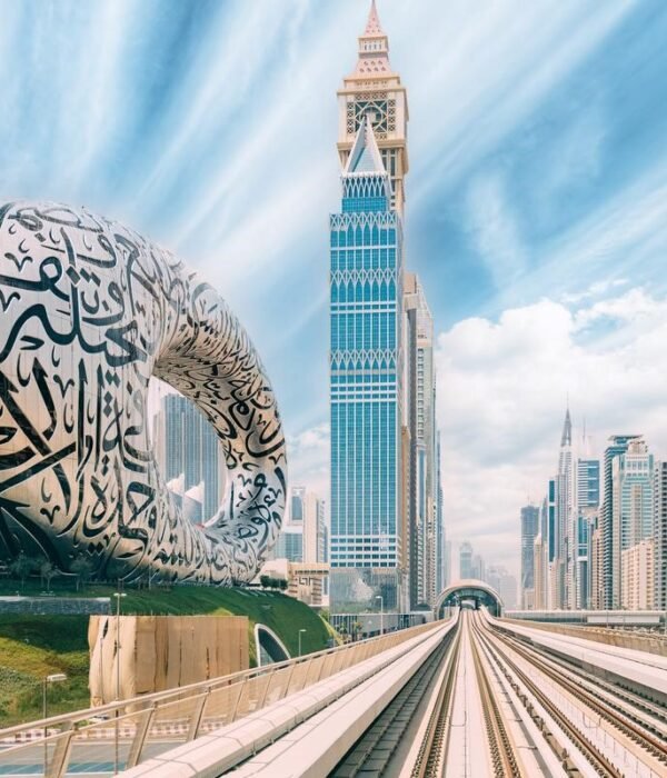 Dubai-Metro Railway Among Among Glass Skyscrapers