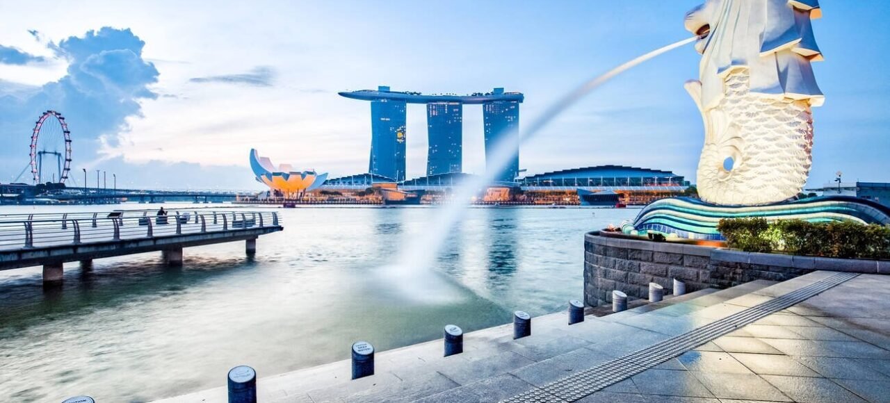 Singapore landmark skyline with sunrise