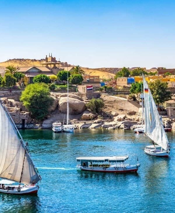 Sunlight over boats on Nile in Aswan, Egypt