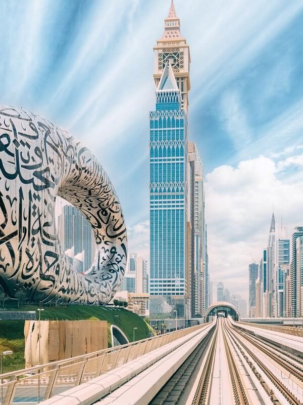 Dubai-Metro Railway Among Among Glass Skyscrapers