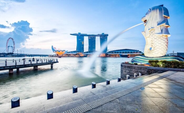 Singapore landmark skyline with sunrise