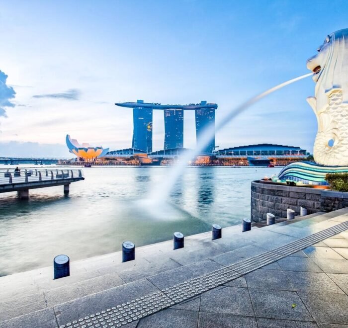 Singapore landmark skyline with sunrise