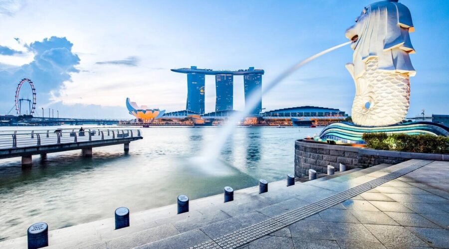 Singapore landmark skyline with sunrise