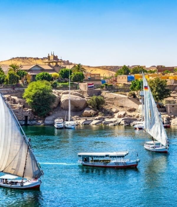 Sunlight over boats on Nile in Aswan, Egypt